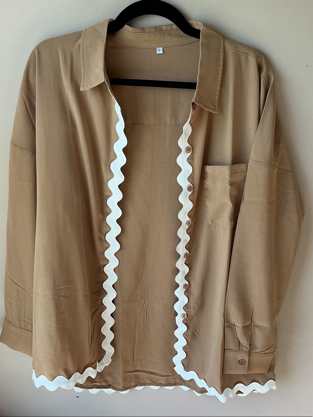 Womens Camel Button-Front Jacket with White Scallop Trim